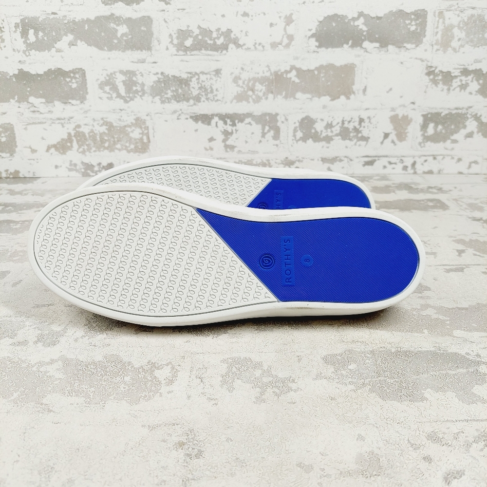 Rothy's Gray Patterned Slip-On Sneakers with Tan Collar and Blue Trim - Picture 6 of 9